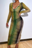Green Fashion Sexy Print See-through V Neck Long Sleeve Dresses