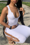 White Fashion Sexy Solid Hollowed Out V Neck Vest Dress