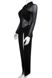 Black Fashion Sexy Patchwork See-through Slit Halter Long Sleeve Dresses