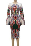 White Elegant Print Patchwork Slit V Neck One Step Skirt Dresses