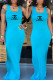 Light Blue Fashion Casual Letter Patchwork U Neck One Step Skirt Dresses