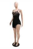 Black Sexy Patchwork Hot Drilling See-through Backless Square Collar Sling Dress Dresses