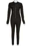 Black Fashion Casual Solid Patchwork Zipper Zipper Collar Skinny Jumpsuits