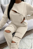 Pink Fashion Casual Solid Patchwork Zipper O Neck Long Sleeve Two Pieces