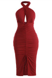 Red Fashion Sexy Patchwork Hollowed Out Backless Fold Halter Sleeveless Dress
