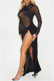 Black Fashion Sexy Patchwork See-through Slit Halter Long Sleeve Dresses