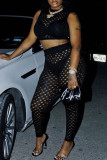 Black Sexy Solid Hollowed Out Patchwork O Neck Sleeveless Two Pieces