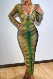 Green Fashion Sexy Print See-through V Neck Long Sleeve Dresses