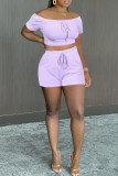 Purple Fashion Casual Solid Bandage Off the Shoulder Short Sleeve Two Pieces
