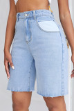 Baby Blue Casual Solid Patchwork High Waist Straight Denim Shorts