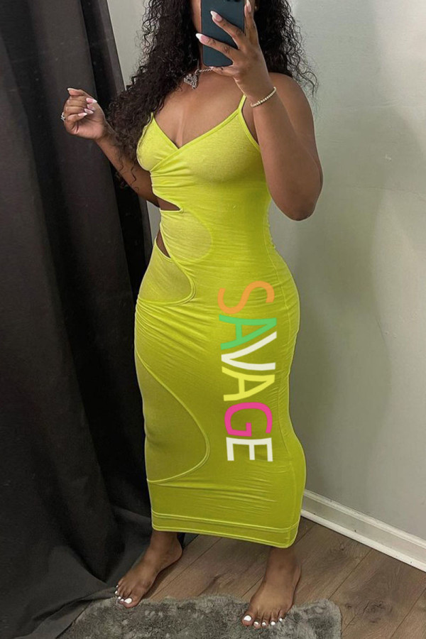 Yellow Sexy Solid Hollowed Out Patchwork Spaghetti Strap One Step Skirt Dresses