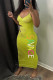 Yellow Sexy Solid Hollowed Out Patchwork Spaghetti Strap One Step Skirt Dresses