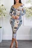 Multicolor Casual Print Patchwork Zipper O Neck One Step Skirt Dresses