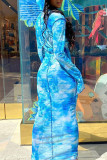 Blue Sexy Print Patchwork See-through Hooded Collar One Step Skirt Dresses