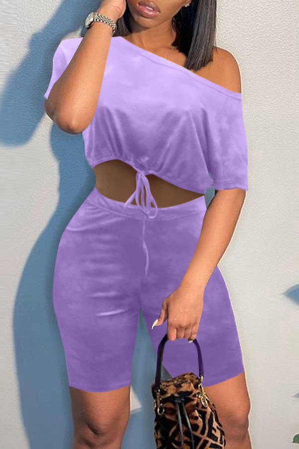 Purple Fashion Casual Print Bandage Oblique Collar Short Sleeve Two Pieces