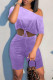 Purple Fashion Casual Print Bandage Oblique Collar Short Sleeve Two Pieces