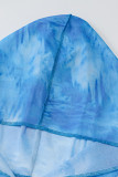 Blue Sexy Print Patchwork See-through Hooded Collar One Step Skirt Dresses