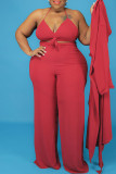 Red Fashion Casual Solid Bandage V Neck Plus Size Three-piece Set