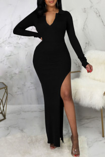 Black Sexy Solid Split Joint Slit V Neck One Step Skirt Dresses