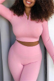 Pink Casual Sportswear Solid Basic Zipper Collar Long Sleeve Two Pieces