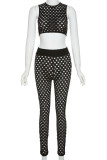 Black Sexy Solid Hollowed Out Patchwork O Neck Sleeveless Two Pieces