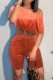 Orange Red Fashion Casual Print Bandage Oblique Collar Short Sleeve Two Pieces