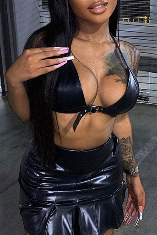 Black Fashion Sexy Solid Bandage Backless Halter Sleeveless Two Pieces