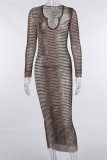 Green Fashion Sexy Print See-through V Neck Long Sleeve Dresses