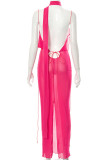 Rose Red Sexy Solid Patchwork Frenulum See-through Backless Asymmetrical Halter Irregular Dress Dresses