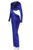 Blue Fashion Sexy Solid Hollowed Out V Neck Long Sleeve Dresses