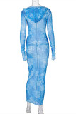 Blue Fashion Sexy Print Basic Hooded Collar Long Sleeve Dresses