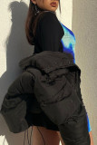 Blue Sexy Street Print Patchwork Slit Turtleneck Long Sleeve Two Pieces