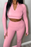 Pink Casual Sportswear Solid Basic Zipper Collar Long Sleeve Two Pieces