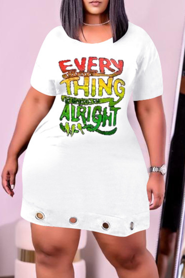 White Fashion Casual Letter Print Basic O Neck Short Sleeve Dress
