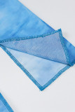 Blue Sexy Print Patchwork See-through Hooded Collar One Step Skirt Dresses