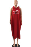 Red Casual Print Split Joint Hooded Collar Straight Dresses