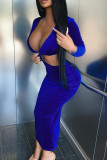 Blue Fashion Sexy Solid Hollowed Out V Neck Long Sleeve Dresses