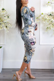 Multicolor Casual Print Patchwork Zipper O Neck One Step Skirt Dresses