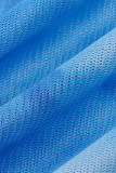 Blue Sexy Print Patchwork See-through Hooded Collar One Step Skirt Dresses