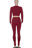 Burgundy Sexy Solid Hollowed Out Split Joint O Neck Long Sleeve Two Pieces