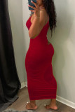Red Sexy Solid Hollowed Out Patchwork Spaghetti Strap One Step Skirt Dresses