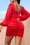 Red Sexy Solid Patchwork Fold Square Collar One Step Skirt Dresses