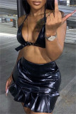 Black Fashion Sexy Solid Bandage Backless Halter Sleeveless Two Pieces