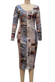 Multicolor Casual Print Patchwork Zipper O Neck One Step Skirt Dresses