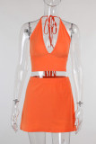 Orange Fashion Sexy Solid Bandage Backless Halter Sleeveless Two Pieces