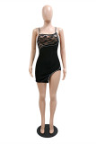Black Sexy Patchwork Hot Drilling See-through Backless Square Collar Sling Dress Dresses