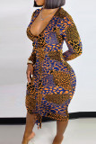 Colour Sexy Print Patchwork Draw String Fold V Neck One Step Skirt Dresses