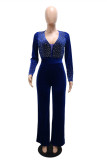 Blue Fashion Casual Patchwork Hot Drill V Neck Regular Jumpsuits