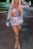 Blue Fashion Sexy Print Bandage Long Sleeve Two Pieces