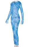 Blue Sexy Print Patchwork See-through Hooded Collar One Step Skirt Dresses